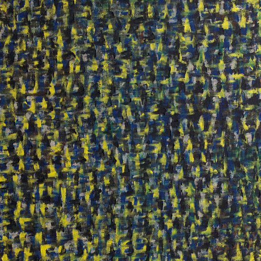 Abstract acrylic on canvas finger painting in yellow and blue with a mottled appearance signifying the many spaces and stories a city has which may look similar from a distance but on closer inspection reveals their unique flavour