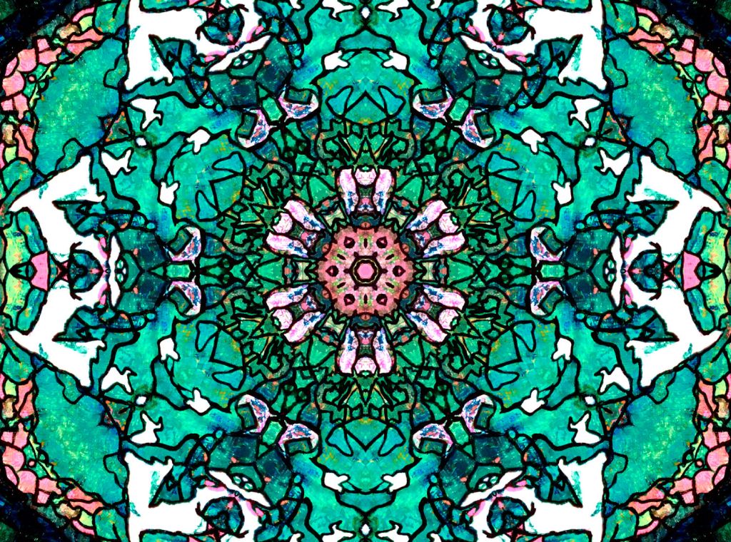 Vibrant digital fractal art in vibrant shades  of green, blue,pink and white like a green mandala with a kaleidoscopic design signifying the majestic power and beauty of nature and the inherent symmetry in it