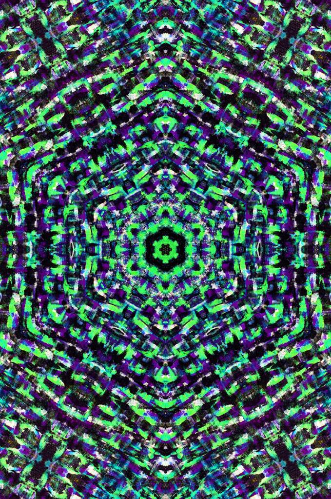 Vibrant digital fractal art in shades of green, with shades of blue and black like a green mandala with a kaleidoscopic design signifying the majestic power and beauty of nature and the inherent symmetry in it