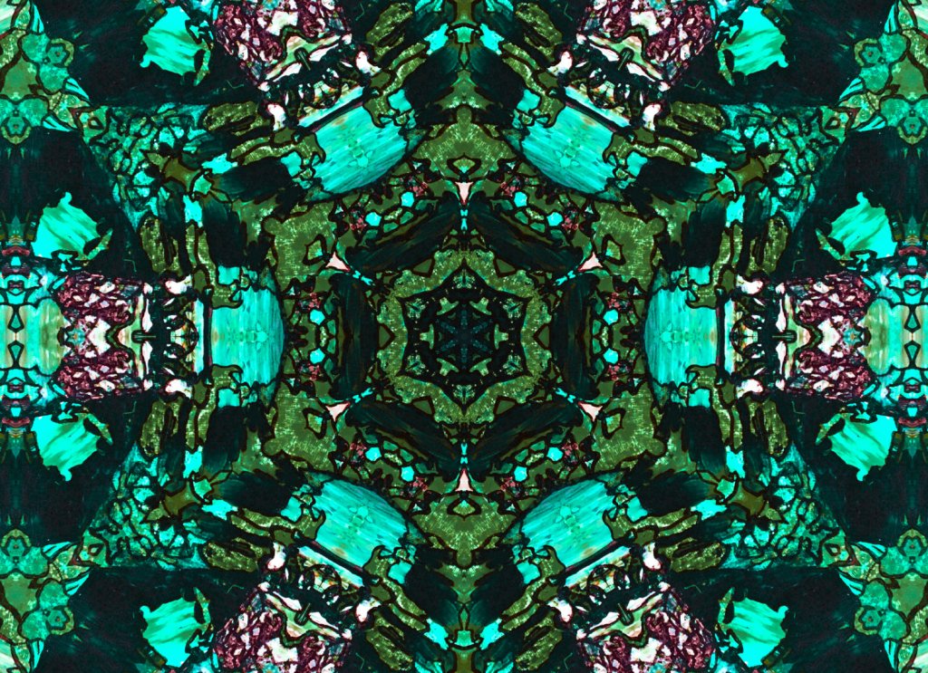 Vibrant digital fractal art in shades of green, with specks of purple like a green mandala with a kaleidoscopic design signifying the majestic power and beauty of nature and the inherent symmetry in it