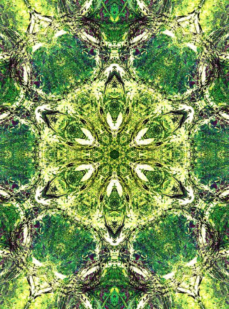 Vibrant digital fractal art in shades of green, with shades of white and black like a green mandala with a kaleidoscopic design signifying the majestic power and beauty of nature and the inherent symmetry in it