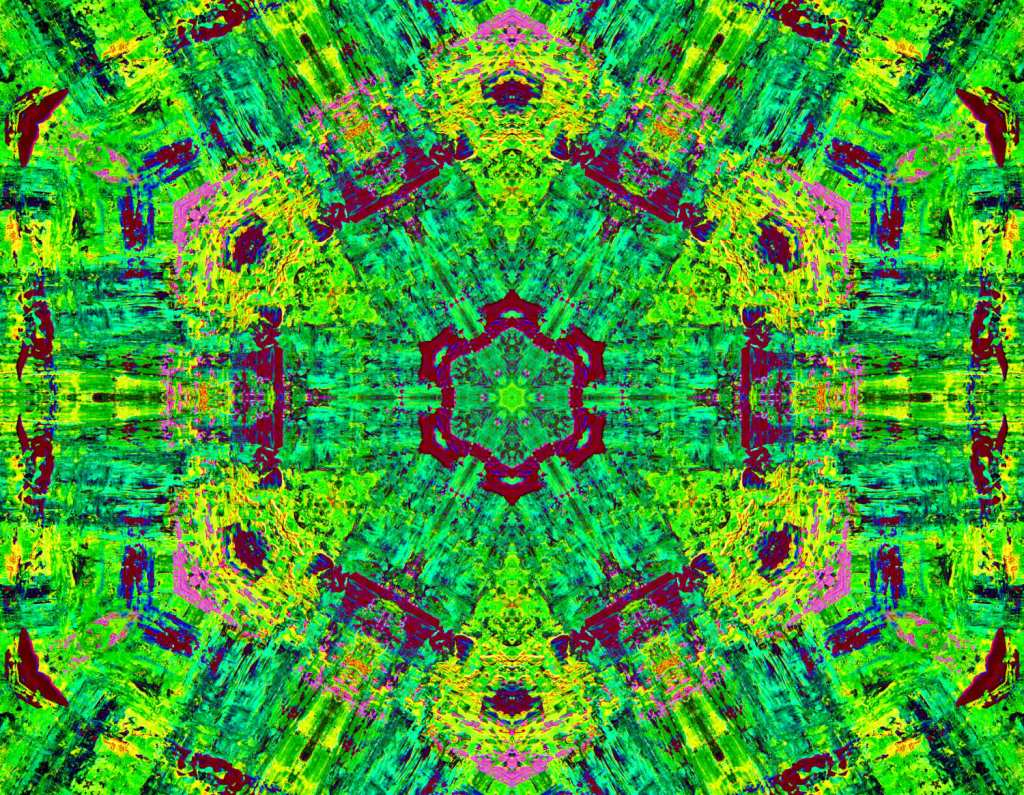 Vibrant digital fractal art in shades of green, with specks of specks of maroon,blue and lavendar like a green mandala with a kaleidoscopic design signifying the majestic power and beauty of nature and the inherent symmetry in it