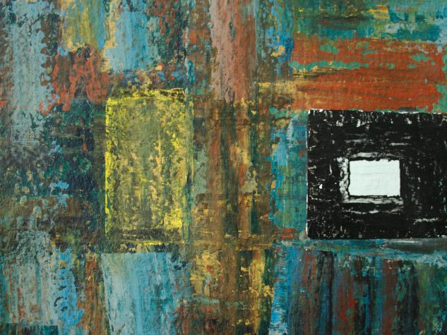 Abstract painting ,ade on 640 gsm paper in shades of blue, grey and green around a white square of light