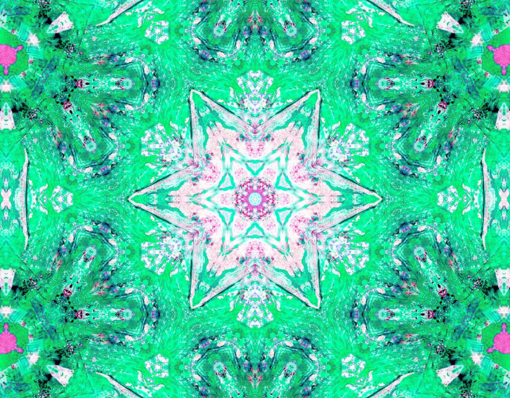 Vibrant sea green, blue,white and purple digital fractal art like a green mandala with a kaleidoscopic design signifying the majestic power and beauty of nature and the inherent symmetry in it