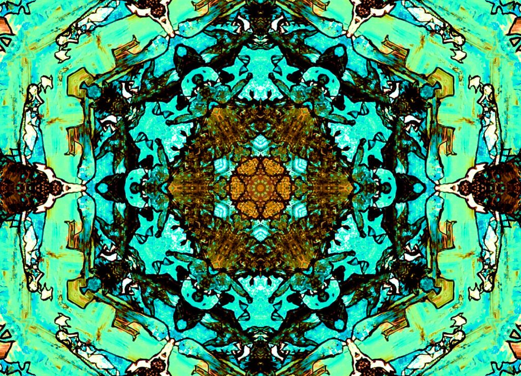Vibrant digital fractal art in shades of green, with specks of blue and orange like a green mandala with a kaleidoscopic design signifying the majestic power and beauty of nature and the inherent symmetry in it