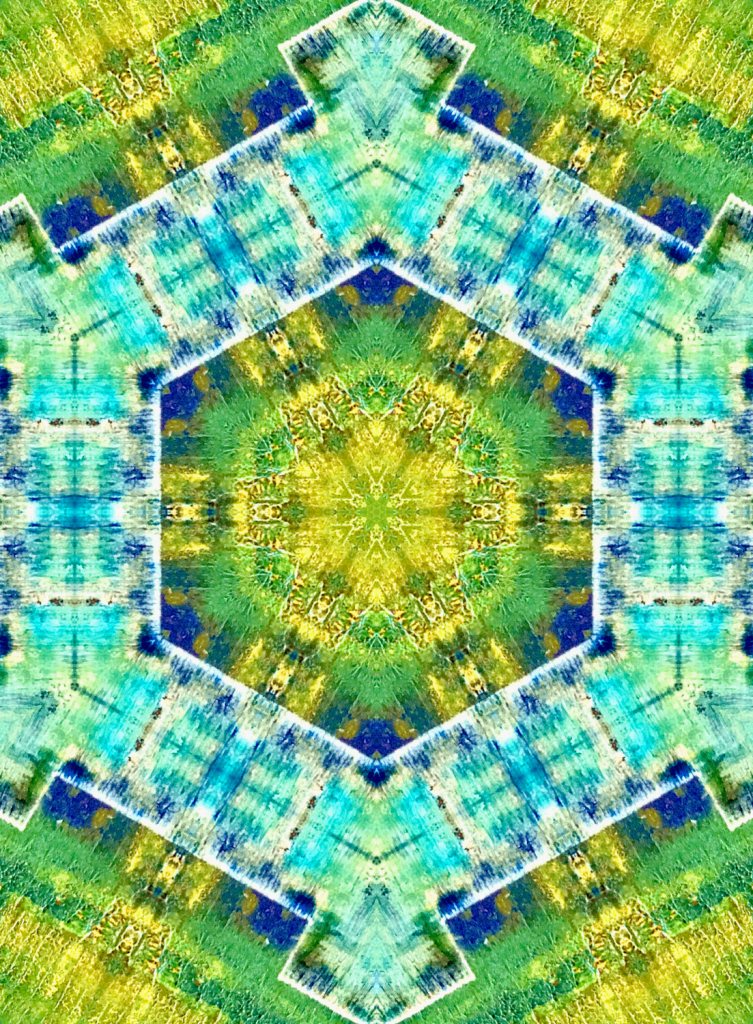 Vibrant digital fractal art in shades of green, with shades of white,blue and gold like a golden green mandala with a kaleidoscopic design signifying the majestic power and beauty of nature and the inherent symmetry in it