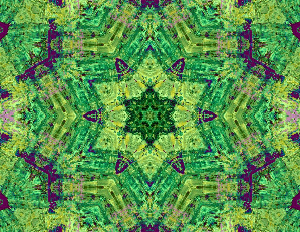 Acrylic, mixed media, digital, kaleidoscope, kaleidoscopic, green, symmetry, symmetrical art, green fractal painting, green mandala art, green algorithmic art, zen, spiritual, calm, calming, peaceful, meditative, refreshing, vibrant.