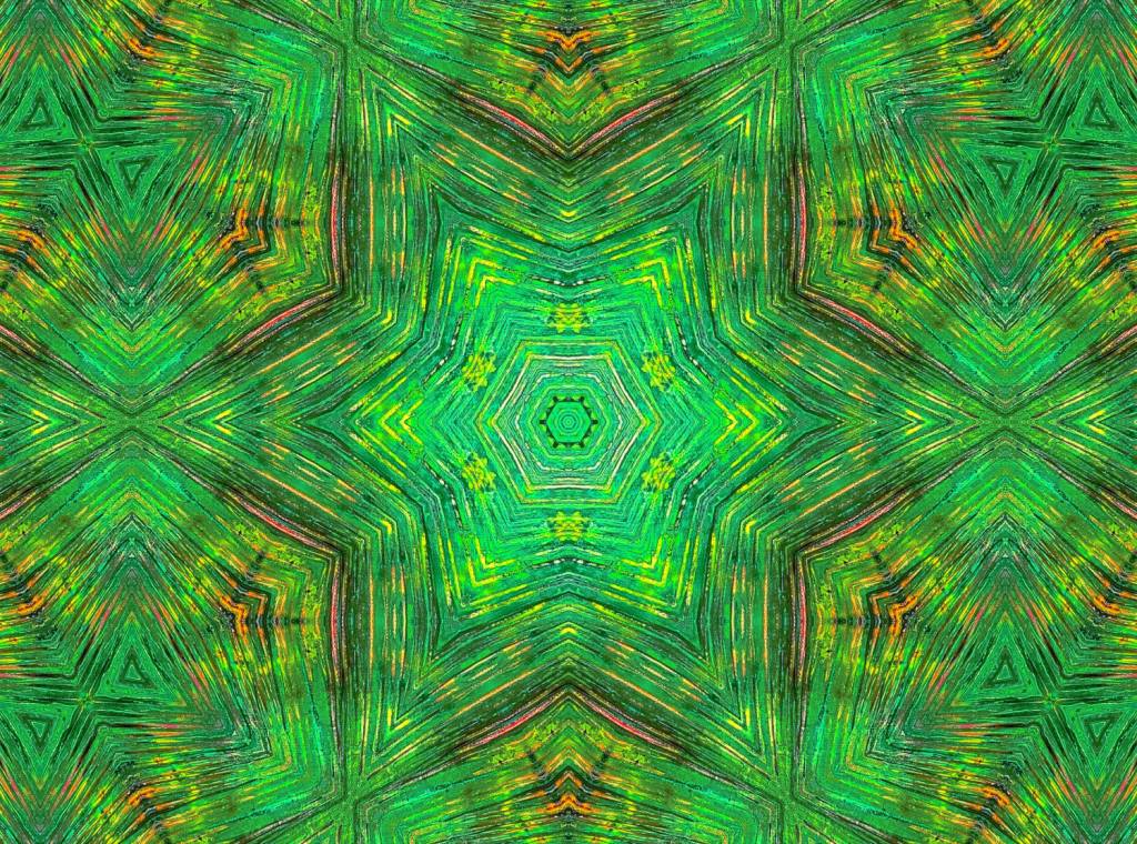 Vibrant digital fractal art in shades of green, with specks of orange,pink and brown like a  glowing green mandala with a kaleidoscopic design signifying the majestic power and beauty of nature and the inherent symmetry in it