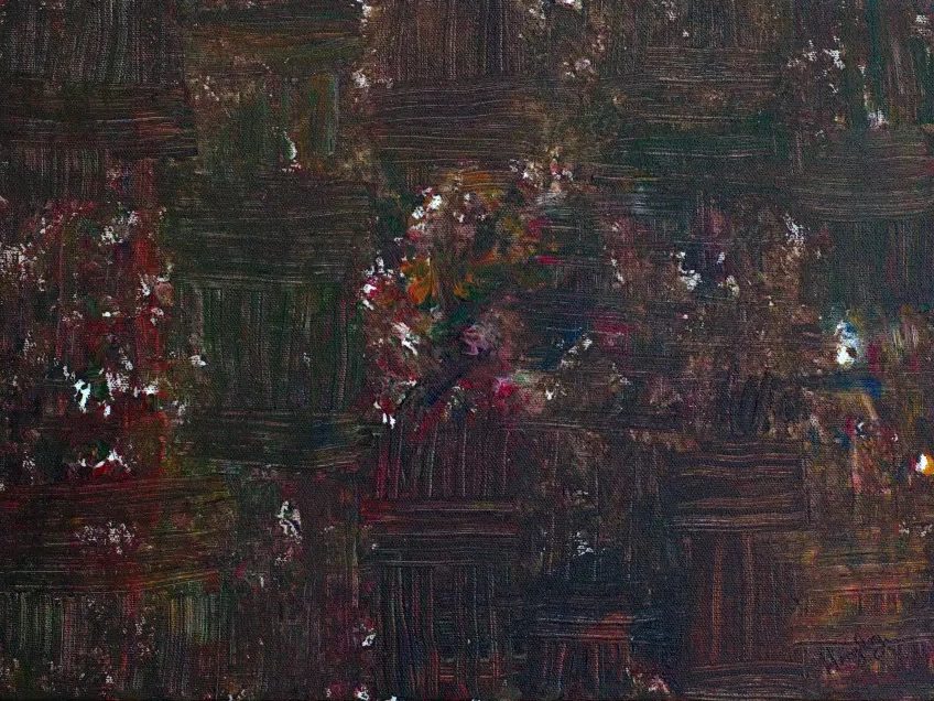 Abstract painting in a dark palette with what looks like a woven fabric interspersed with damage and breakage signifying the process of healing