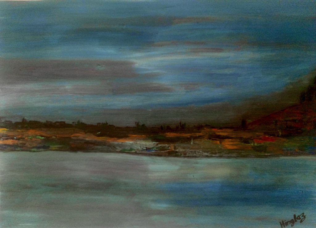 An abstract landscape painting depicting the landward view of of the outlines of a small seaside town with a raised hillock on one side with a church or a castle with the blue waters reflecting the blue twilight skies.
