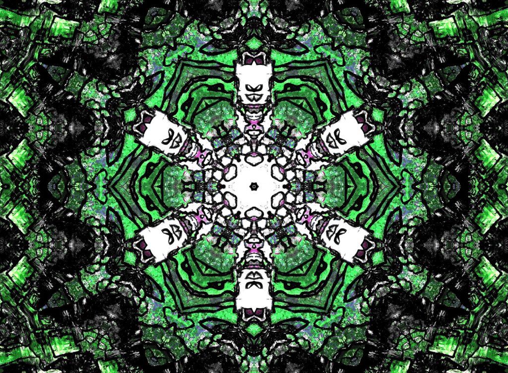 Vibrant sea Digital fractal art in vibrant shades of green,black,blue and purple like a green mandala with a kaleidoscopic design signifying the majestic power and beauty of nature and the inherent symmetry in it