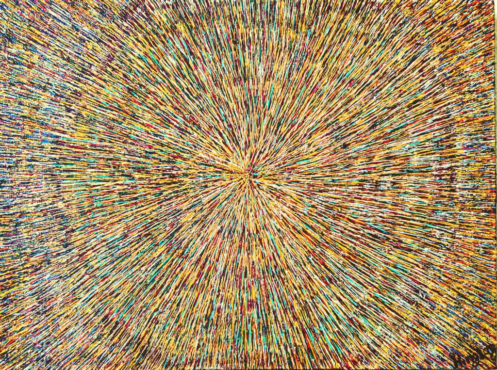 Multi-colored abstract painting with warm tones especially yellow running outwards from the canvas creating a rich, colorful and textured smear radiating from the middle of the canvas, like ripples of color chasing the notes of a musical fantasia.