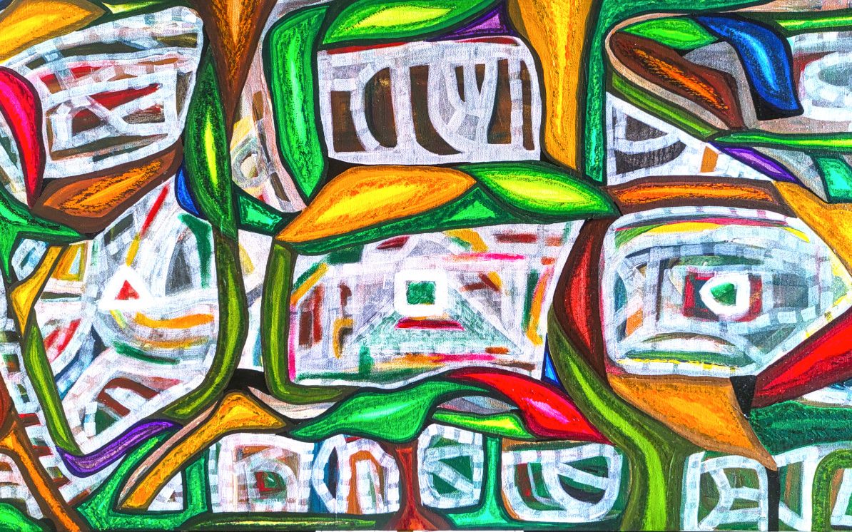 Colorful abstract painting with intertwined branches or vines of red, green and yellow and brown signifying the many colors and stories present in a garden ecosystem