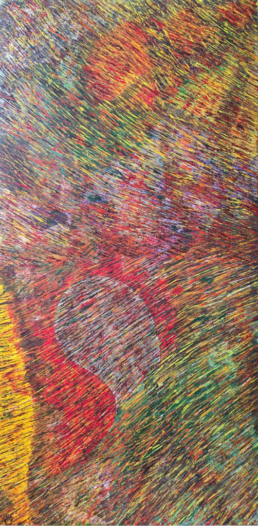 Abstract art in warm tones of orange, red, green, brown and yellow, with tiny slashes of color on the canvas suggesting a windy autumn scene and fall harvest that signify coming changes.