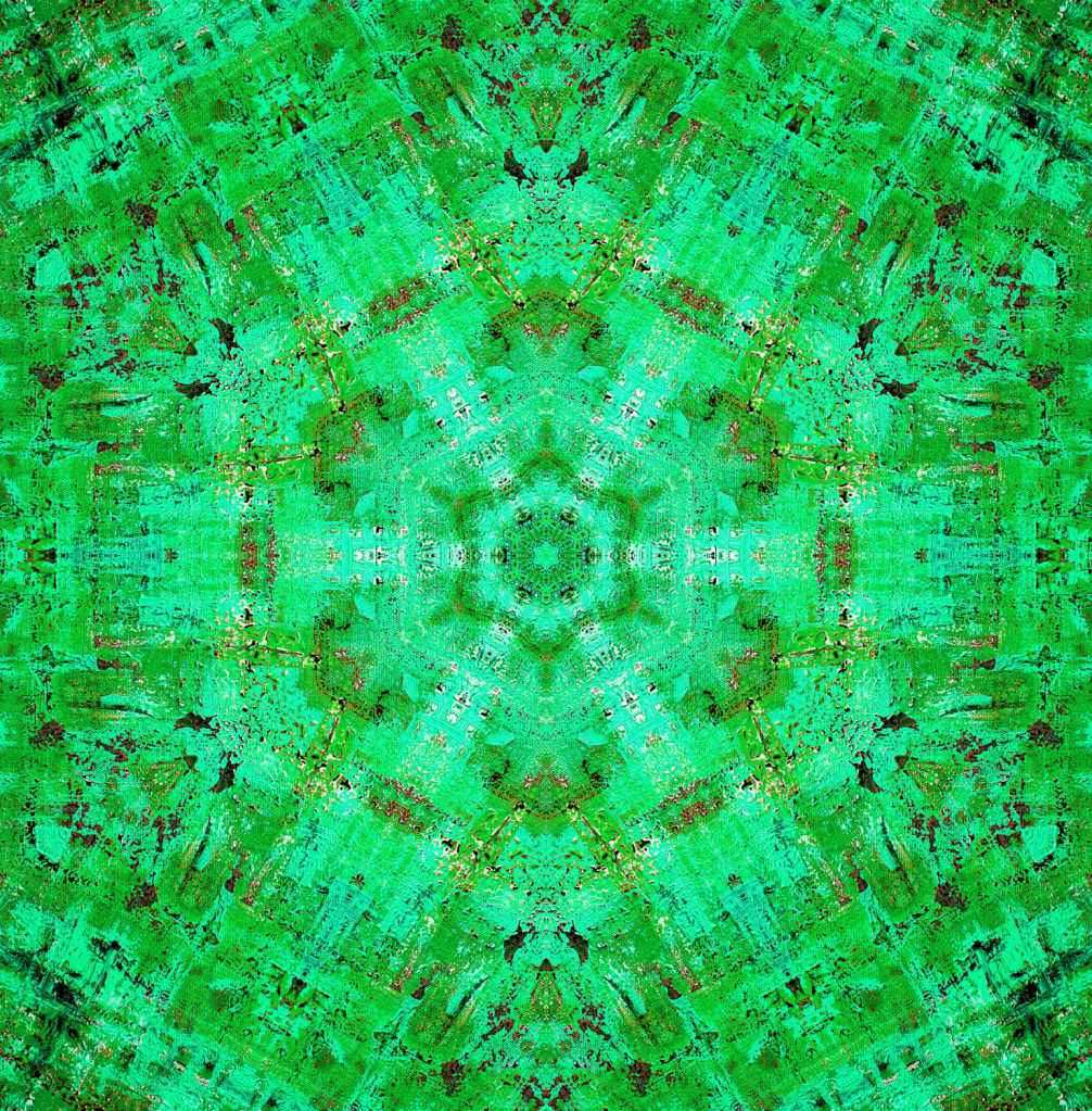 Vibrant digital fractal art in shades of green, with specks of gold and brown like a  glowing green mandala with a kaleidoscopic design signifying the majestic power and beauty of nature and the inherent symmetry in it