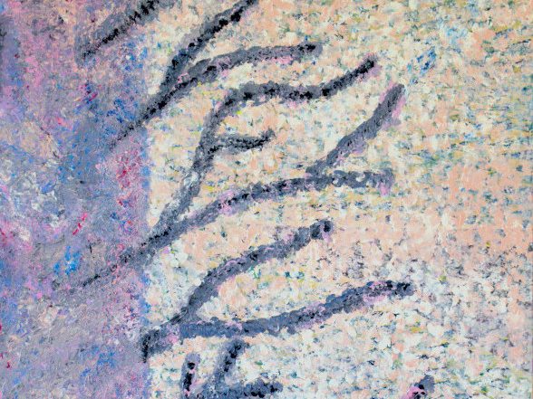 Abstract painting with a soft pink and lavender palette with an appearance of tree branches against a soft mottled background