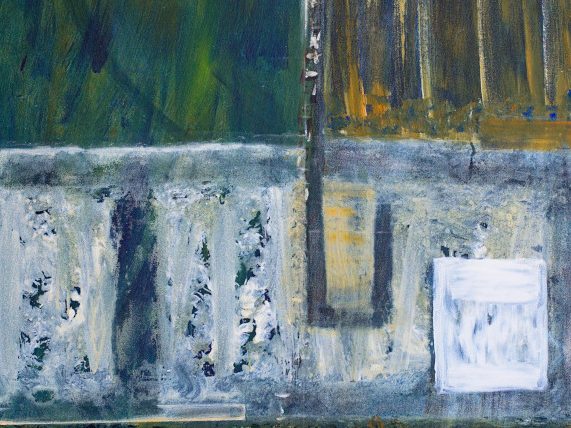 Abstract painting in a grey white background signifying rains and storms that blow away leaves and things from the sidewalk