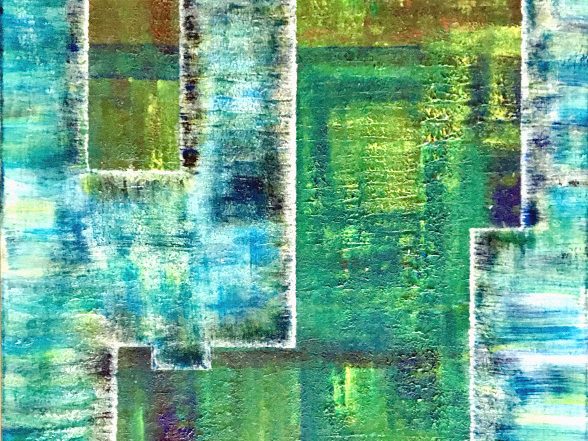Textured green Abstract Painting in the geometric style inspired by a visit to a bird sactuary
