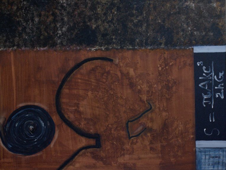 Abstract representational painting in black and brown which is a tribute to Stephen Hawking and shows a human head looking up at the starry skies in wonder