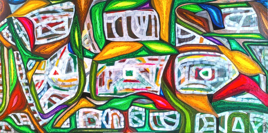 Colorful abstract painting with intertwined branches or vines of red, green and yellow and brown signifying the many colors and stories present in a garden ecosystem
