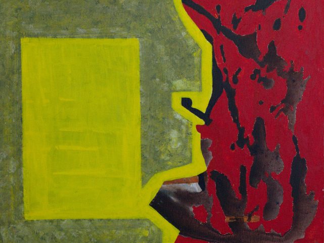 Painting in red and white in the abstract expressionist style showing a black page on the right and swirling chaos on the right signifying the artist's struggle to create