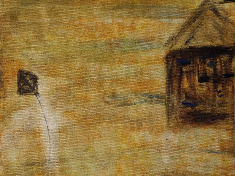 Representational painting in shades of brown with a shack and a kite flying next to it representing the nostalgia of childhood