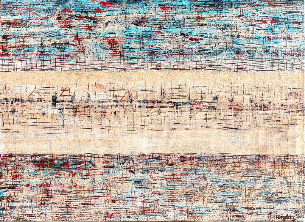 Abstract painting with a palette of peach, white, silver, blue and red with a heavily ribbed and textured surface.