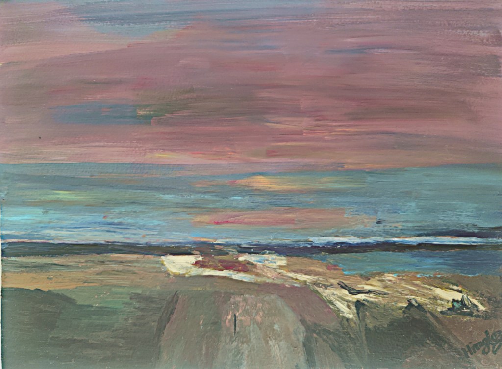 A colorful abstract landscape in a palette of pink,blue and brown depicting dusky pink skies with the horizon visible 
across a lake from a rocky vantage point