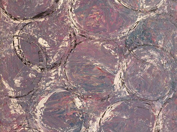 Abstract painting in shades of lavendar with white circles drawn all across the surface signifying bubbles