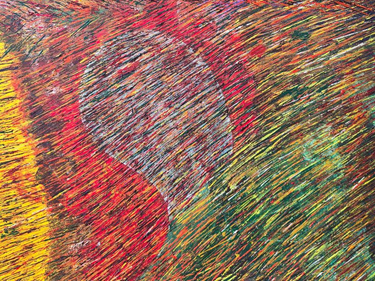 Abstract art in warm tones of orange, red, green, brown and yellow, with tiny slashes of color on the canvas suggesting a windy autumn scene and fall harvest that signify coming changes