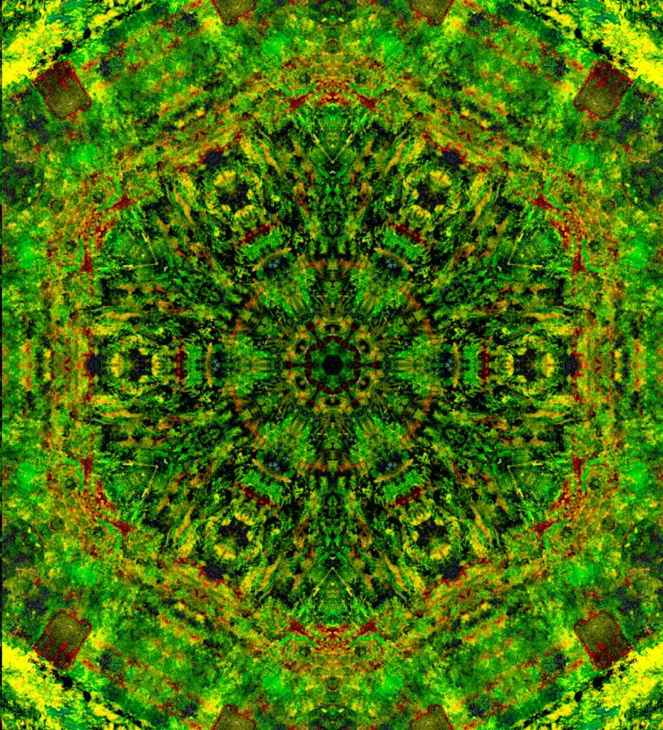 Vibrant green and yellow digital fractal art like a green mandala with a kaleidoscopic design signifying the majestic power and beauty of nature and the inherent symmetry in it