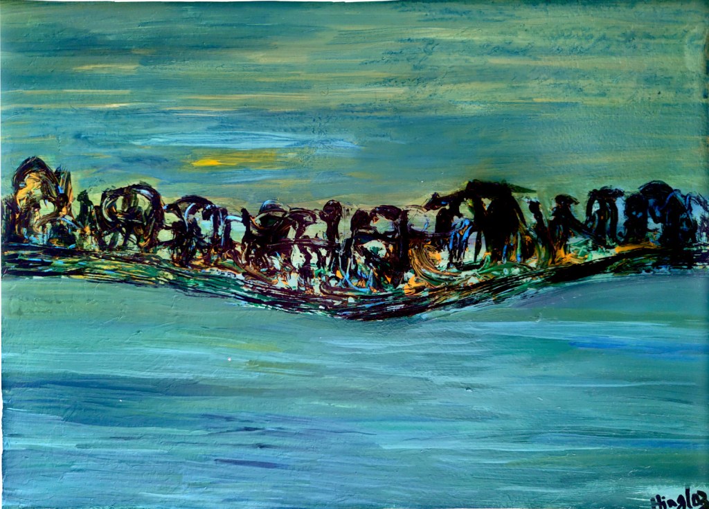 Abstract blue green acrylic painting on paper depicting an abstract view of a bridge over a vast expanse of water. It depicts the dangers awaiting our planet and our race due to the ravages of climate change and rising sea levels.
