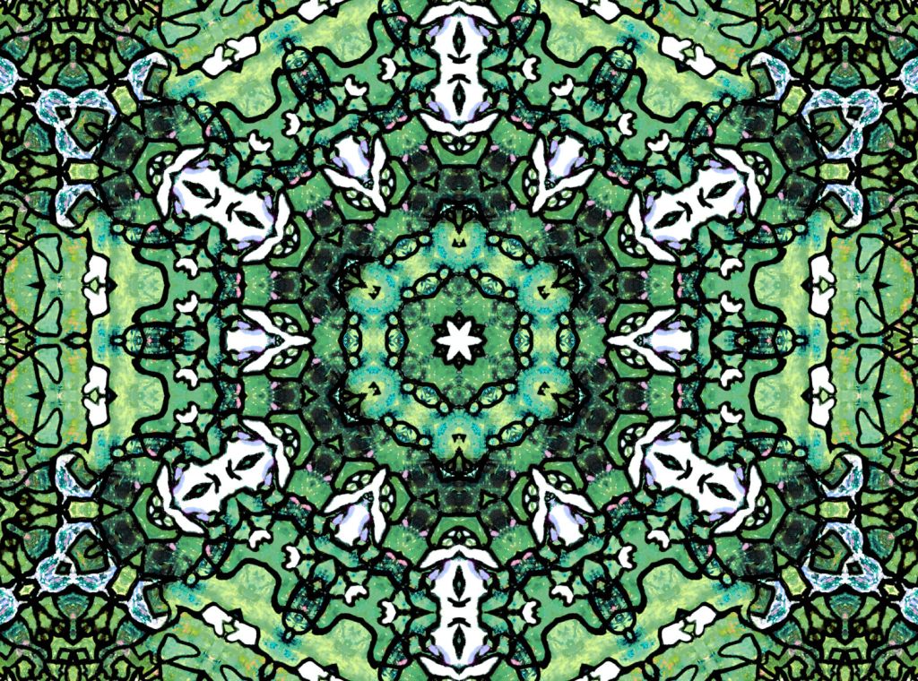 Vibrant digital fractal art in shades of green, with specks of blue,white and purple like a green mandala with a kaleidoscopic design signifying the majestic power and beauty of nature and the inherent symmetry in it