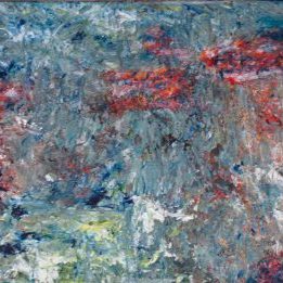 Abstract painting in a light blue and lavender palette with a textured surface showing a mottled blue gray expanse with flecks of color reminiscent of the cosmos