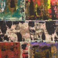 Long vertical abstract painting in shades of red, orange and green showing the vibrancy of approaching spring