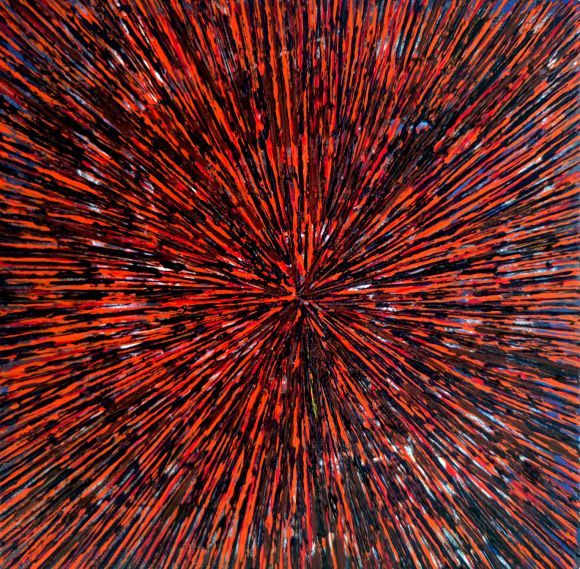 A textured mini abstract in a predominantly orange and black palette with the colors textured and layered onto the canvas in a way that creates an explosion of colors and a sense of energy blossoming out from the center reminiscent of rejuvenation and renewal.