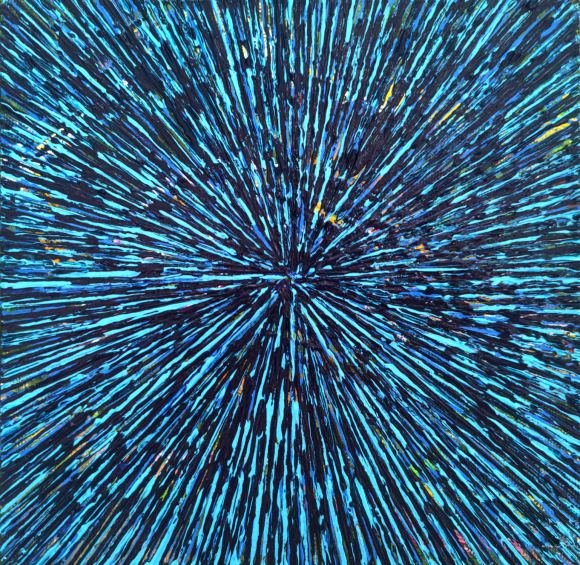A textured mini abstract in a predominantly blue and black palette with the colors textured and layered onto the canvas in a way that creates an explosion of colors and a sense of energy blossoming out from the center reminiscent of rejuvenation and renewal.