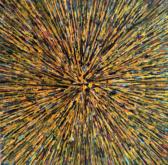 A textured mini abstract in a predominantly yellow and black palette with the colors textured and layered onto the canvas in a way that creates an explosion of colors and a sense of energy blossoming out from the center reminiscent of rejuvenation and renewal.