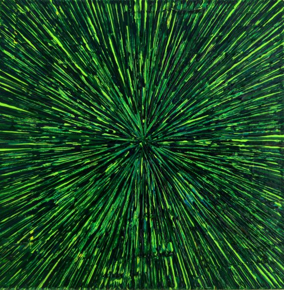 A textured mini abstract painting in a bright green,yellow and black palettes with the colors textured and layered onto the canvas in a way that creates an explosion of colors and a sense of energy blossoming out from the center, reminiscent of rejuvenation and renewal.