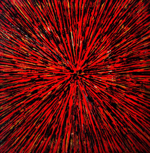 A textured mini abstract painting in a bright red and black palettes with the colors textured and layered onto the canvas in a way that creates an explosion of colors and a sense of energy blossoming out from the center, reminiscent of rejuvenation and renewal.