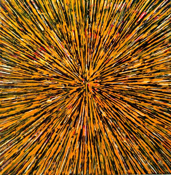 A textured mini abstract painting in a bright yellow and black palettes with the colors textured and layered onto the canvas in a way that creates an explosion of colors and a sense of energy blossoming out from the center, reminiscent of rejuvenation and renewal.